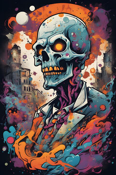 A graffiti style image of a spooky evil skeleton zombie. 
Suitable for a t-shirt design or Halloween.
