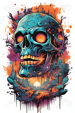 A graffiti style image of a spooky evil skeleton zombie. 
Suitable for a t-shirt design or Halloween.
