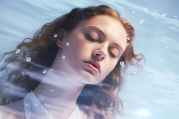 An artistic portrait of a lady submerged in water, creating a dreamy and fantasy-like scene. The red hair and blue elements add to the moody and dreamlike atmosphere.
