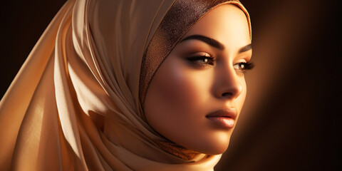 Young Arab woman in elegant satin beige hijab on dark background, with gold light glow.