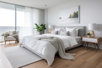 Fototapeta na wymiar Clean white minimal modern bedroom interior background.