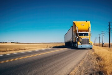 a semi truck driving down the road with blue skies in the background and yellow paint on the side of the truck