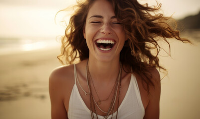 a woman is smiling and laughing on a sunny beach