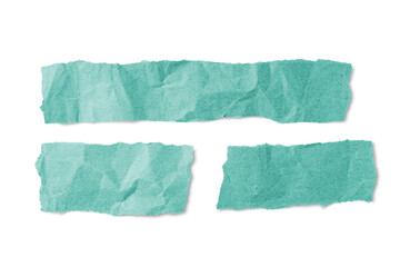 Turquoise crumpled paper pieces with torn edge isolated on white, transparent background, PNG. Recycled craft paper wrinkled, creased texture, ripped border. Template, mockup with copy space for text