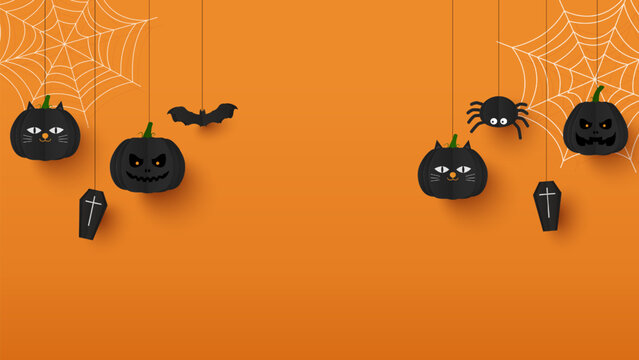 Halloween background. Paper cut style pumpkins, coffin, spider, cat and bat for halloween banner on orange background