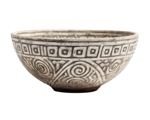 Clay bowl with decorative carvings on it isolated on transparent background