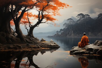 Man relaxing meditation with serene view lake landscape. Tibetan monk in the forest