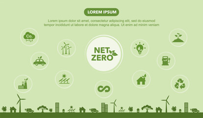 Net zero concept. Net zero greenhouse gas emissions target. Climate neutral long term strategy with green net zero icon set
