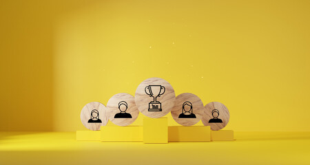 Business growth success achievement to trophy concept, wooden stacking as step stair or ladder for planning to trophy.