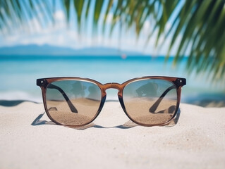Fototapeta na wymiar glasses on the sand with a beach background