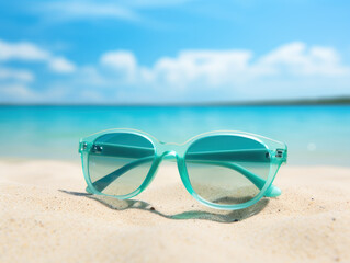 Fototapeta na wymiar blue glasses on the sand on a beach background with copy space