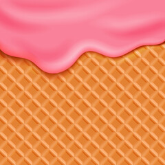 Waffle texture pattern with dripping pink ice cream