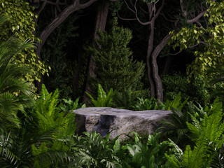 Rock stone podium in tropical forest for pedestal for product display