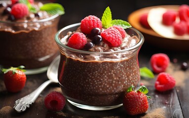 Chocolate chia pudding and raspberries on wooden table