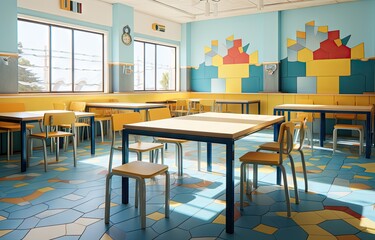 an empty classroom with blue and yellow tables, chairs, and artwork on the wall in the background is a large window