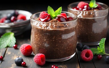 Chocolate chia pudding and raspberries on wooden table