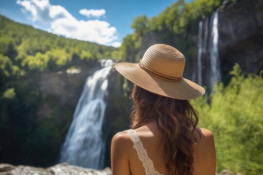woman in a hat in front of waterfall