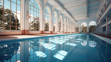 A pool in a large building with lots of windows. Digital image.