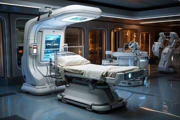 a hospital room with an operating machine on the floor and two medical beds in the fore - lit area behind