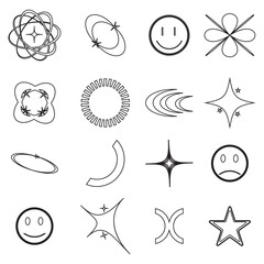 Set of Abstract geometric Y2k shapes trending retro futuristic design elements, infographic shapes. Modern trendy concept with symbols and objects. Retrofuturistic Vector illustration for UI and UX