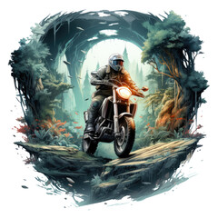 A motorcycle t-shirt design set in a mystical forest, featuring a rider on a motorcycle exploring an enchanted woodland with ancient trees, Generative Ai