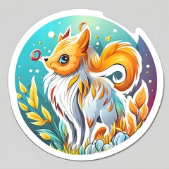 beautiful and colorful sticker of fox standing in colorful space with leaves and flowers isolated on white, Generative AI