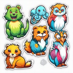 set of beautiful and colorful cartoonish animal sticker isolated on white, Generative AI