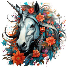 A whimsical unicorn T-shirt design with the unicorn frolicking in a fantastical garden, vibrant colors and oversized, Generative Ai