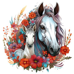 Obraz na płótnie Canvas A charming Cute Fantasy Unicorn Flower T-shirt Design, portraying a unicorn and its foal in a serene meadow, Generative Ai