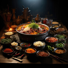 Fototapeta premium a black bowl with several bowls filled with food, ai generated.