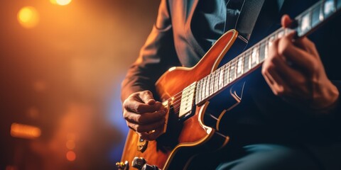 Fototapeta premium A rocker is playing guitar on stage. Guitar player - hands and guitar close-up.