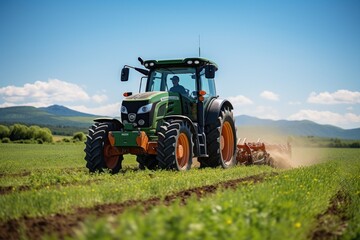 Agricultural activities tractor drills grain at the field. agricultural activities