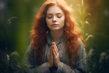 A woman with red hair prays in nature