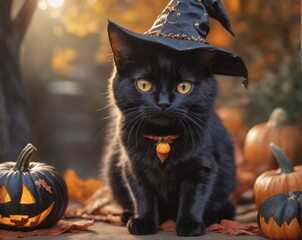A cute black cat wearing a wizard costume is sitting in the hallowing photo set in warm autumn colors with a glowing pumpkin.