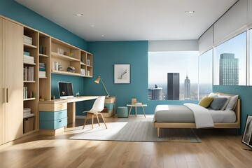 A kid's room that balances fun and functionality, with built-in storage and vibrant accent colors