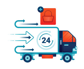 Illustration of 24 hour delivery truck for online shopping packages. Shopping cart with add button for checkout and payment. Design can be used for landing page, website, brochure, flyer