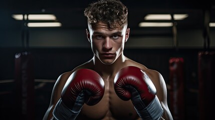 Model in a boxing stance, gloves up, beads of sweat visible, in a dimly lit boxing ring