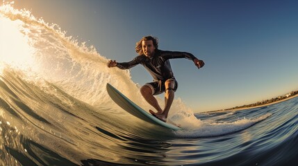 Model on a surfboard, riding a wave, showcasing balance and skill