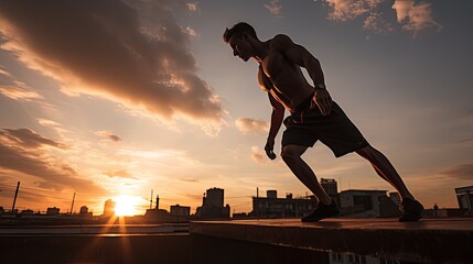 Model performing calisthenics on a city rooftop during sunset