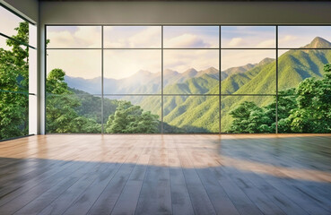 yoga retreat studio interior with with beautiful nature mountains landscape view in background - 642889764