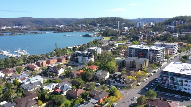 Aerial drone view of Gosford above Point Frederick on the Brisbane Water of Central Coast, New South Wales, Australia on a sunny day