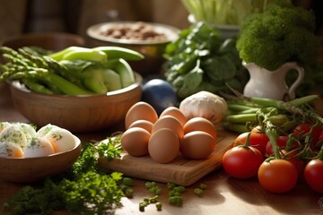 Obraz na płótnie Canvas Fresh vegetables and eggs on wooden table. Healthy food. Selective focus.