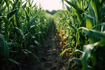 corn growing in an open field, with the sun shining through the leaves on the top and bottom of the stalks