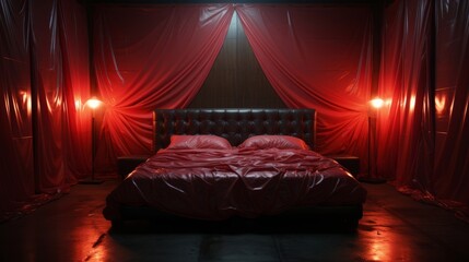 Red bedroom with dark lighting