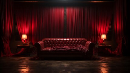 Red sofa in the dark room with dark lighting