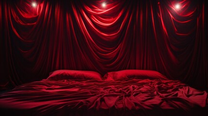 Red bedroom with dark lighting - obrazy, fototapety, plakaty