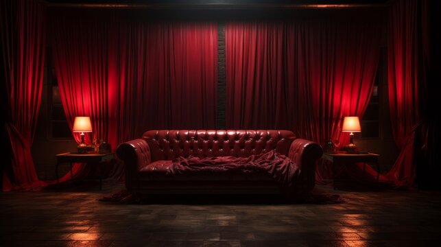 Red sofa in the dark room with dark lighting