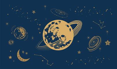 The device of the universe, crescent moon and sun with moon on a blue background. Graphic pattern for astrology, esoteric, tarot, mystic and magic. © 湘琪 陳