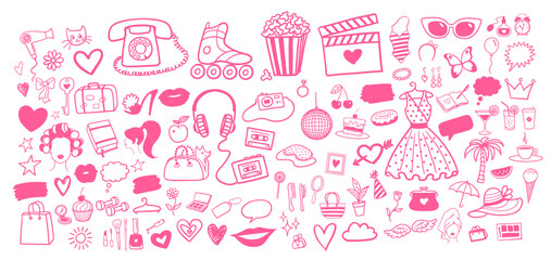 Vector illustration set of beauty and fashion isolated pink doodles and sketches