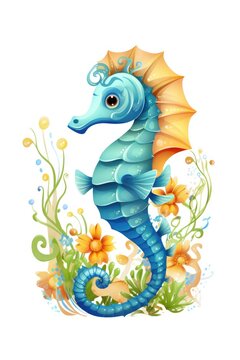 A blue seahorse sitting in the middle of a field of flowers. Digital image.